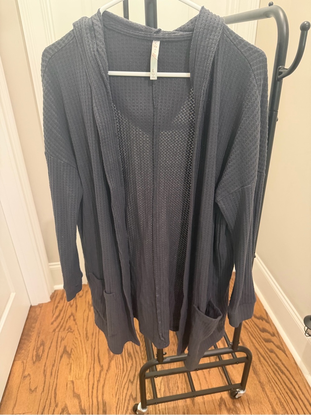 Waffle-Knit Hooded Cardigan in Navy